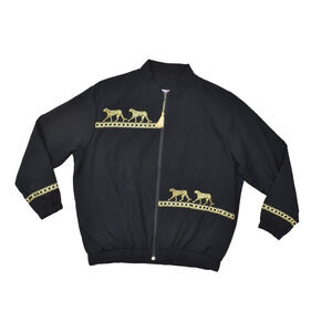 Southern Stitches and More Black Gold Embroidered Cheetah Bomber Jacket XL